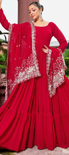 Red and Maroon color Gown in Georgette fabric with Embroidered, Sequence work