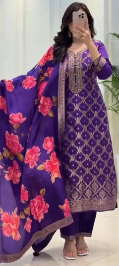 Purple and Violet color Salwar Kameez in Banarasi Silk fabric with Embroidered, Weaving, Zari work