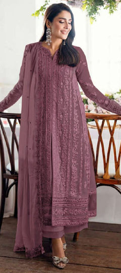 Beige and Brown color Salwar Kameez in Faux Georgette fabric with Embroidered, Sequence, Thread work