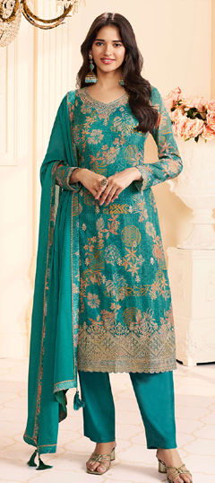 Blue color Salwar Kameez in Chinon Silk fabric with Embroidered, Floral, Printed work