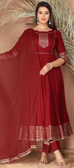 Red and Maroon color Salwar Kameez in Rayon fabric with Gota Patti work