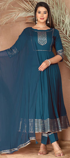 Blue color Salwar Kameez in Rayon fabric with Gota Patti work