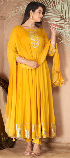Yellow color Salwar Kameez in Rayon fabric with Gota Patti work