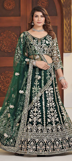 Green color Lehenga in Net fabric with Embroidered, Sequence, Zari work