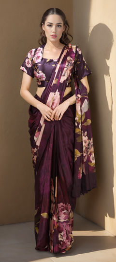 Purple and Violet color Readymade Saree in Crepe Silk fabric with Digital Print, Floral work