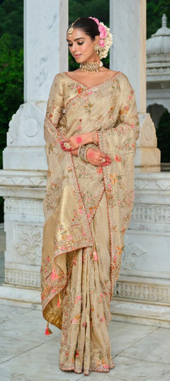 Beige and Brown color Saree in Silk fabric with Embroidered, Sequence, Thread work