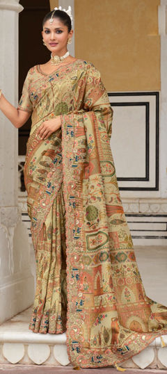Beige and Brown color Saree in Silk fabric with Embroidered, Sequence, Thread work