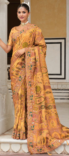 Yellow color Saree in Silk fabric with Embroidered, Sequence, Thread work