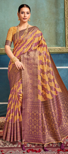Gold, Pink and Majenta color Saree in Silk fabric with Weaving work
