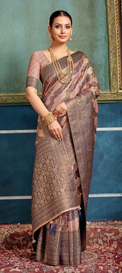 Beige and Brown color Saree in Silk fabric with Weaving work