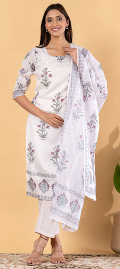 White and Off White color Salwar Kameez in Kota Doria Silk fabric with Bugle Beads, Floral, Printed, Zardozi work