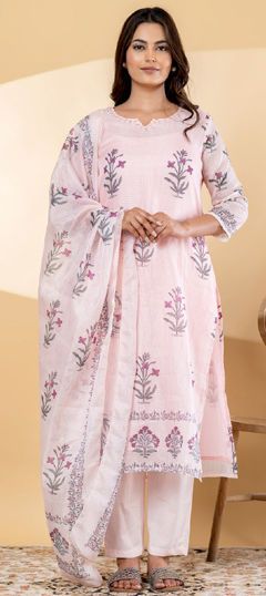 Pink and Majenta color Salwar Kameez in Kota Doria Silk fabric with Bugle Beads, Floral, Printed, Zardozi work