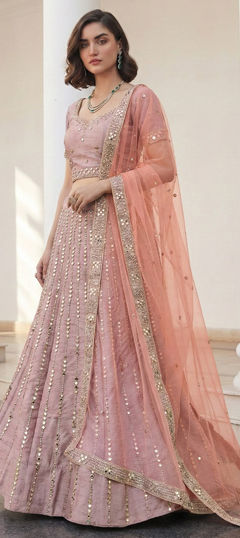Pink and Majenta color Lehenga in Silk fabric with Mirror, Thread, Zari work