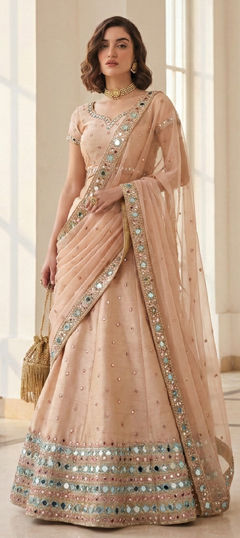 Beige and Brown color Lehenga in Silk fabric with Mirror, Thread, Zari work