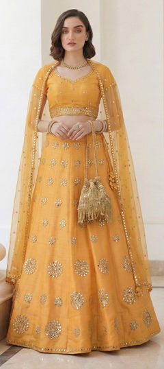 Yellow color Lehenga in Silk fabric with Mirror, Thread, Zari work