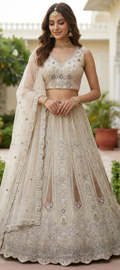 White and Off White color Lehenga in Net fabric with Embroidered, Resham, Thread work