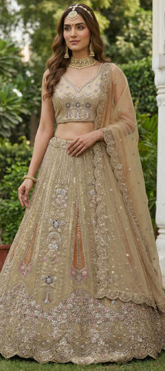 Beige and Brown color Lehenga in Net fabric with Embroidered, Resham, Thread work