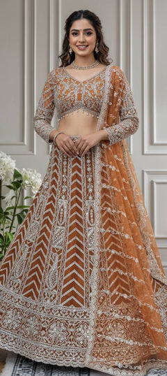 Beige and Brown color Lehenga in Net fabric with Embroidered, Sequence work