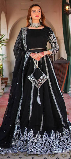 Black and Grey color Lehenga in Velvet, Viscose fabric with Embroidered, Sequence work
