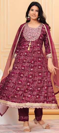 Purple and Violet color Salwar Kameez in Rayon fabric with Bandhej, Embroidered, Printed work