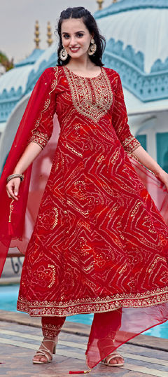 Red and Maroon color Salwar Kameez in Rayon fabric with Bandhej, Embroidered, Printed work