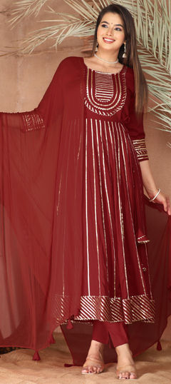 Red and Maroon color Salwar Kameez in Rayon fabric with Gota Patti work