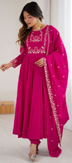 Pink and Majenta color Salwar Kameez in Chanderi Silk, Roman Silk fabric with Embroidered work