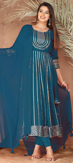 Blue color Salwar Kameez in Rayon fabric with Gota Patti work