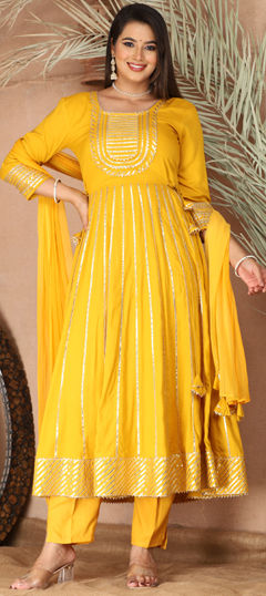Yellow color Salwar Kameez in Rayon fabric with Gota Patti work