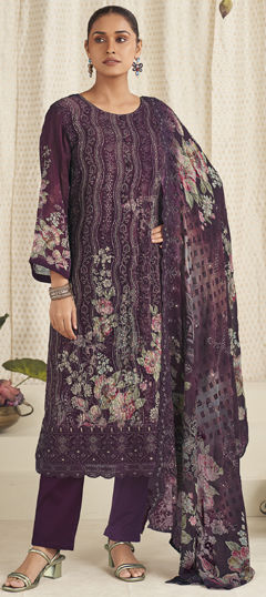 Purple and Violet color Salwar Kameez in Georgette fabric with Digital Print, Embroidered, Floral, Resham, Thread, Zari work