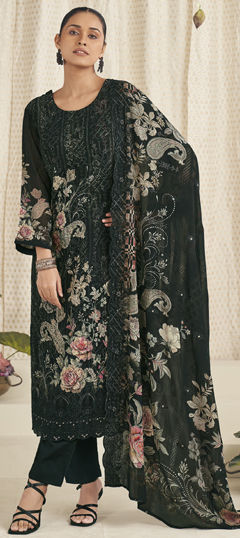 Black and Grey color Salwar Kameez in Georgette fabric with Digital Print, Embroidered, Floral, Resham, Thread, Zari work
