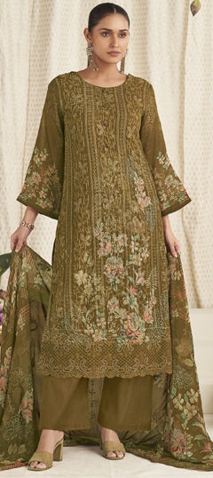 Yellow color Salwar Kameez in Georgette fabric with Digital Print, Embroidered, Floral, Resham, Thread, Zari work