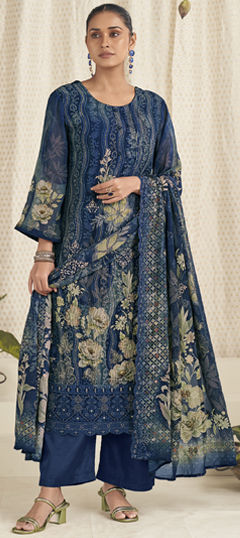Blue color Salwar Kameez in Georgette fabric with Digital Print, Embroidered, Floral, Resham, Thread, Zari work