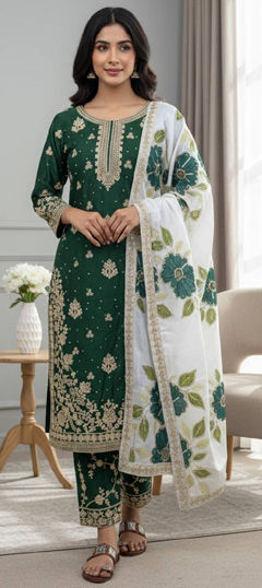 Green color Salwar Kameez in Silk fabric with Embroidered, Sequence, Thread, Zari work