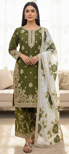 Green color Salwar Kameez in Silk fabric with Embroidered, Sequence, Thread, Zari work