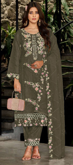 Green color Salwar Kameez in Faux Georgette fabric with Embroidered, Sequence, Thread work