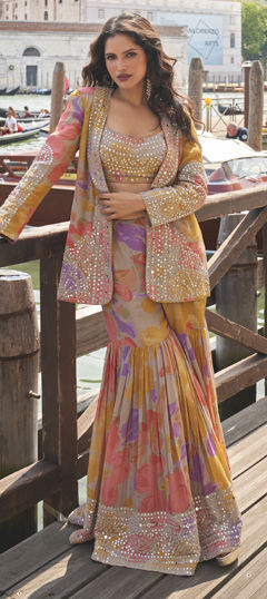 Multicolor color Salwar Kameez in Chinon Silk fabric with Embroidered, Mirror, Printed work