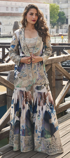 Multicolor color Salwar Kameez in Chinon Silk fabric with Embroidered, Mirror, Printed work