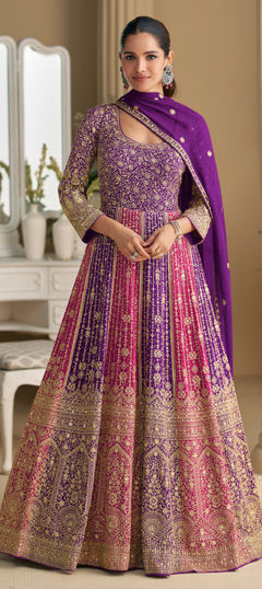 Pink and Majenta, Purple and Violet color Gown in Georgette fabric with Embroidered, Sequence, Thread, Zari work