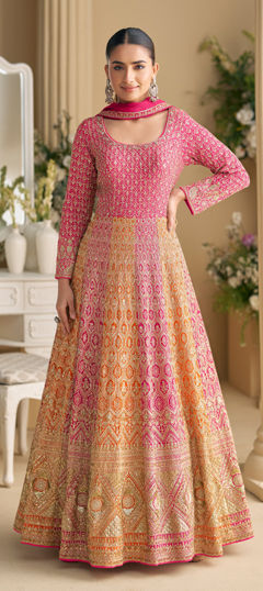 Pink and Majenta, Yellow color Gown in Georgette fabric with Embroidered, Sequence, Thread, Zari work