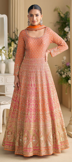 Pink and Majenta color Gown in Georgette fabric with Embroidered, Sequence, Thread, Zari work