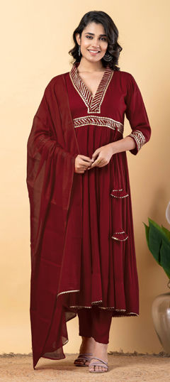Red and Maroon color Salwar Kameez in Rayon fabric with Gota Patti work
