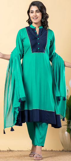 Blue, Green color Salwar Kameez in Rayon fabric with Gota Patti work
