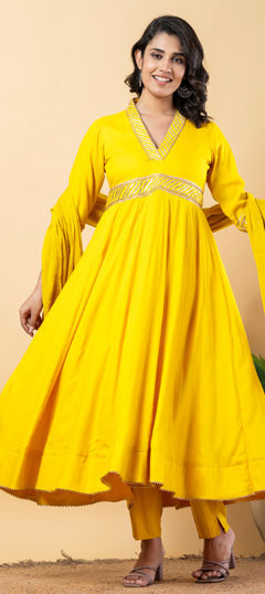 Yellow color Salwar Kameez in Rayon fabric with Gota Patti work