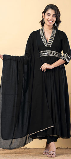 Black and Grey color Salwar Kameez in Rayon fabric with Gota Patti work