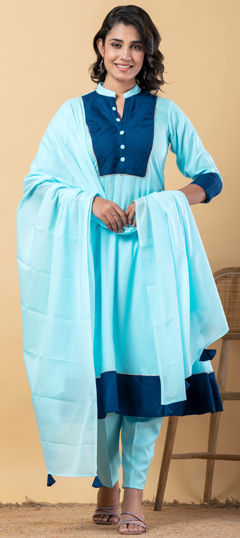 Blue color Salwar Kameez in Rayon fabric with Gota Patti work