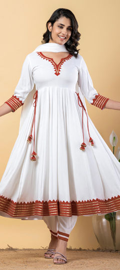 Pink and Majenta, White and Off White color Salwar Kameez in Rayon fabric with Gota Patti work