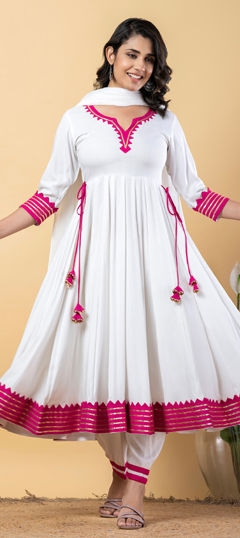 Pink and Majenta, White and Off White color Salwar Kameez in Rayon fabric with Gota Patti work