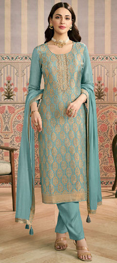 Blue color Salwar Kameez in Jacquard, Shimmer fabric with Embroidered, Thread, Zari work