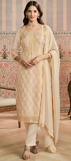White and Off White color Salwar Kameez in Jacquard, Shimmer fabric with Embroidered, Thread, Zari work